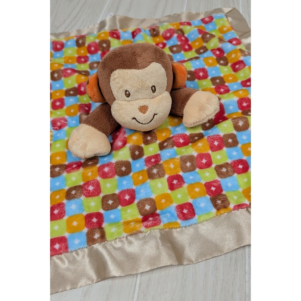 Douglas Baby Monkey Plush Security Blanket Lovey Multicolor Squares Satin Trim